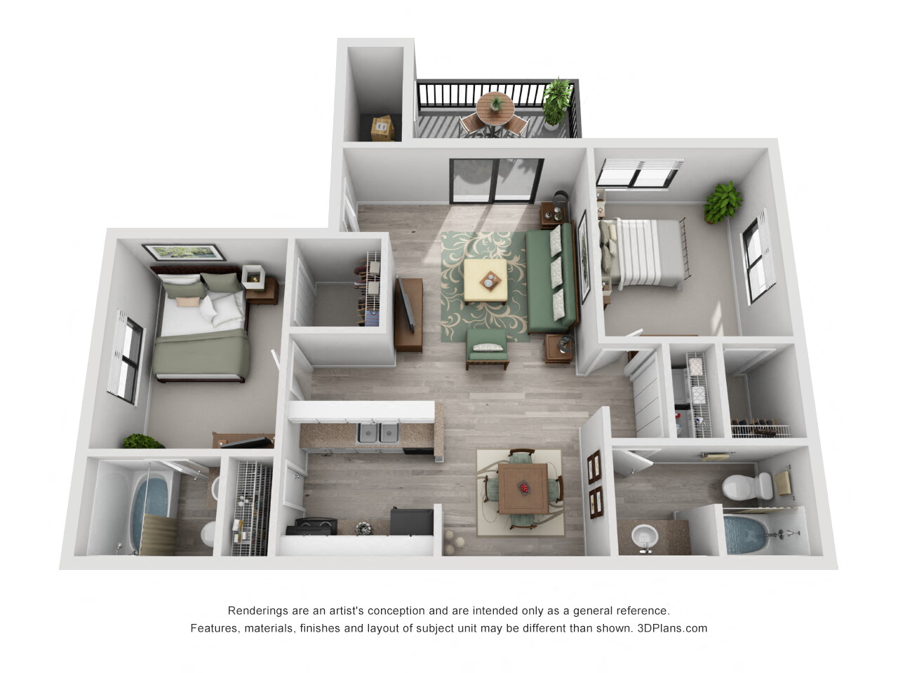 Floor plan for 2 beds, 2 baths, 950 sqft